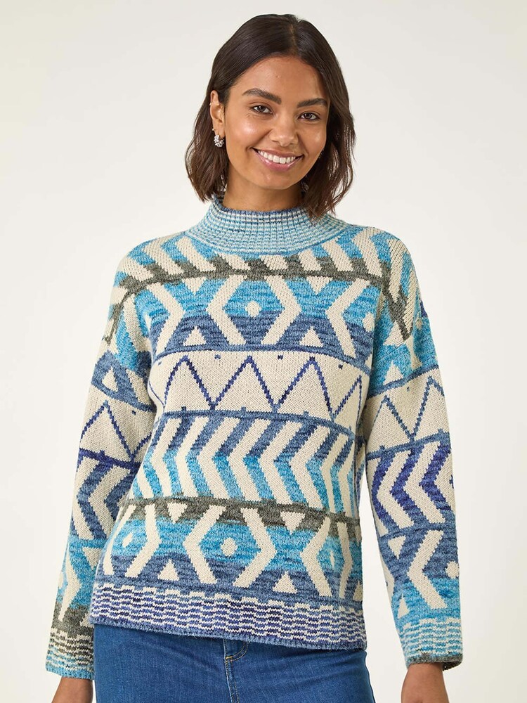 Roman Blue Aztec High Neck Knit Jumper - Image 5 of 5