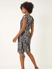 Roman Black Abstract Wrap Tie Dress - Image 3 of 5