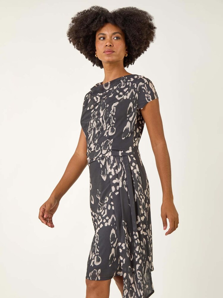 Roman Black Abstract Wrap Tie Dress - Image 5 of 5 Roman Black Abstract Wrap Tie Dress - Image 5 of 5