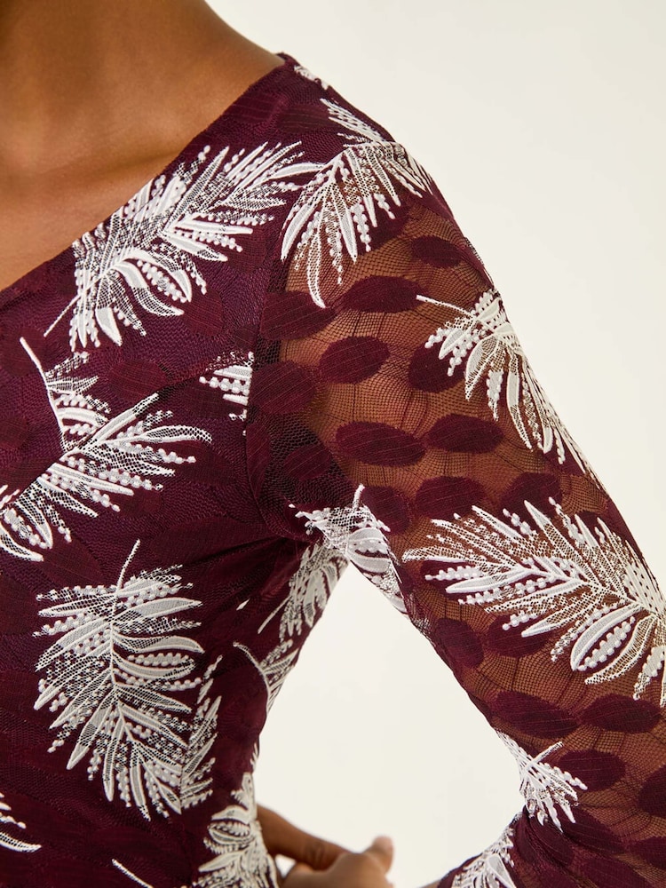 Roman Red Leaf Print Lace Stretch Dress - Image 5 of 5 Roman Red Leaf Print Lace Stretch Dress - Image 5 of 5