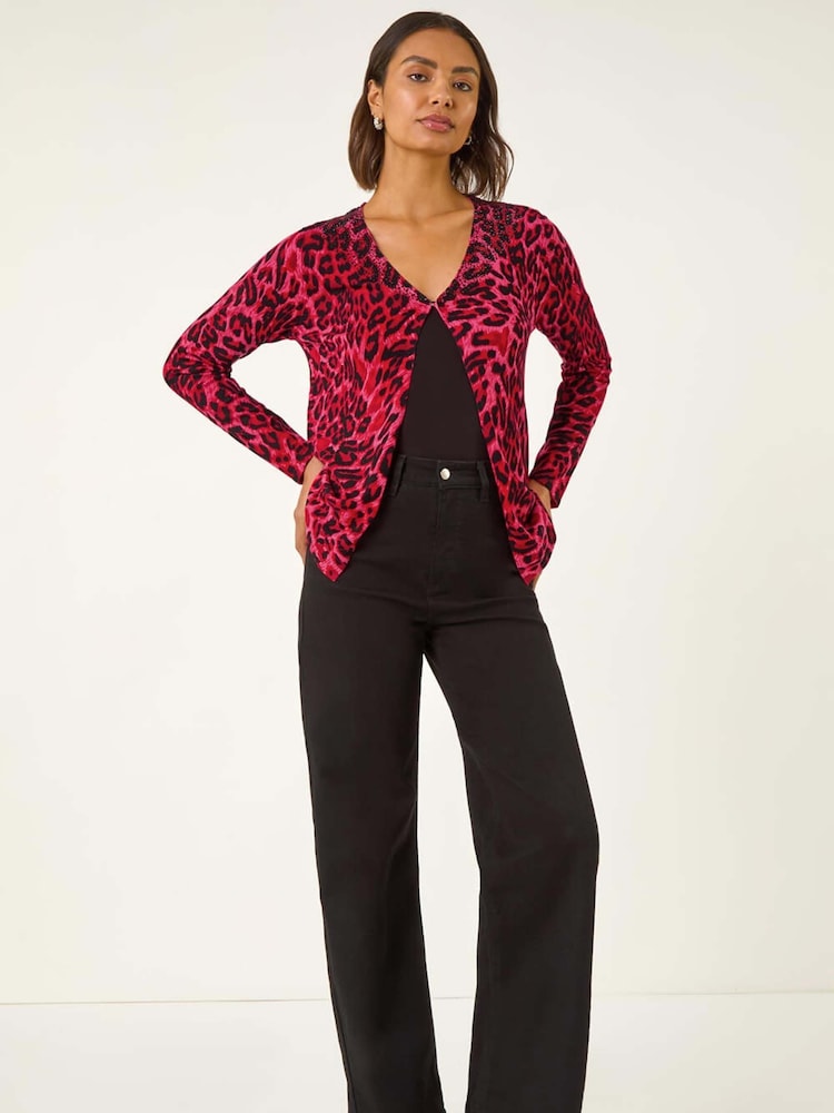 Roman Red Hotfix Animal Print Knit Cardigan - Image 1 of 5
