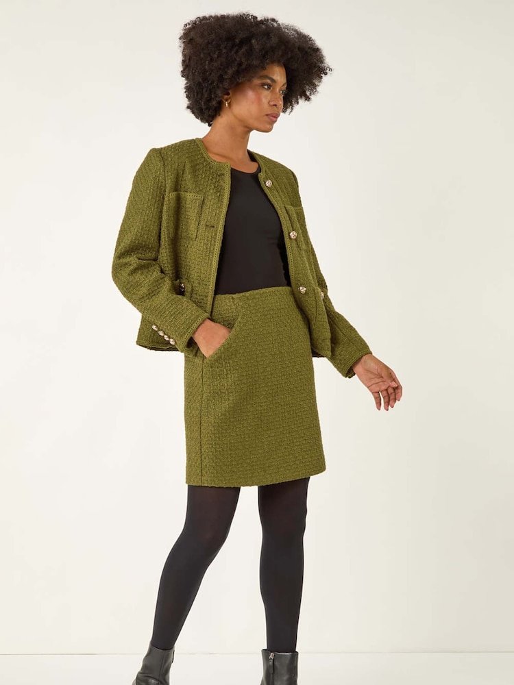 Roman Green Collarless Boucle Button Jacket - Image 1 of 5