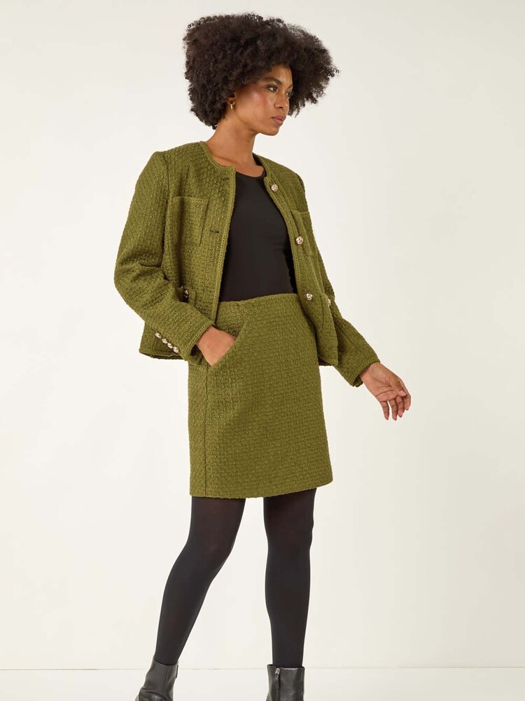 Roman Green Collarless Boucle Button Jacket - Image 1 of 5 Roman Green Collarless Boucle Button Jacket - Image 1 of 5