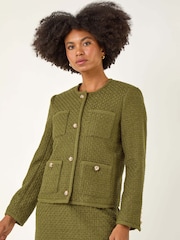 Roman Green Collarless Boucle Button Jacket - Image 2 of 5