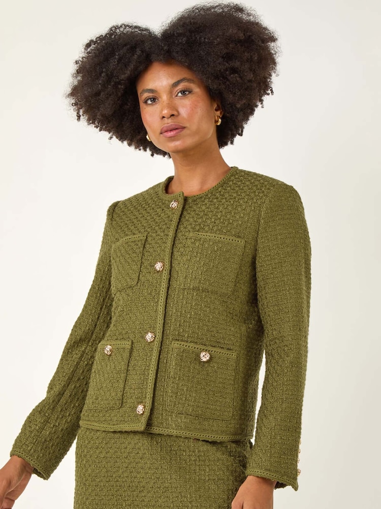 Roman Green Collarless Boucle Button Jacket - Image 2 of 5 Roman Green Collarless Boucle Button Jacket - Image 2 of 5