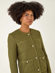 Roman Green Collarless Boucle Button Jacket - Image 4 of 5