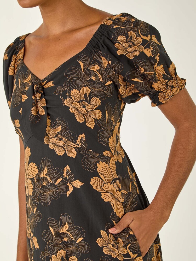 Roman Yellow Floral Print Ruched Midi Dress - Image 1 of 5