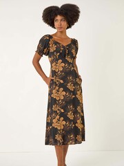 Roman Yellow Floral Print Ruched Midi Dress - Image 2 of 5