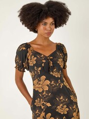 Roman Yellow Floral Print Ruched Midi Dress - Image 4 of 5