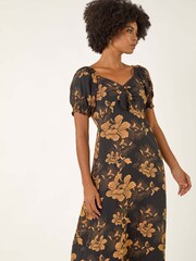 Roman Yellow Floral Print Ruched Midi Dress - Image 5 of 5