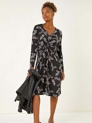Roman Black Floral Print Twist Front Midi Dress - Image 1 of 5