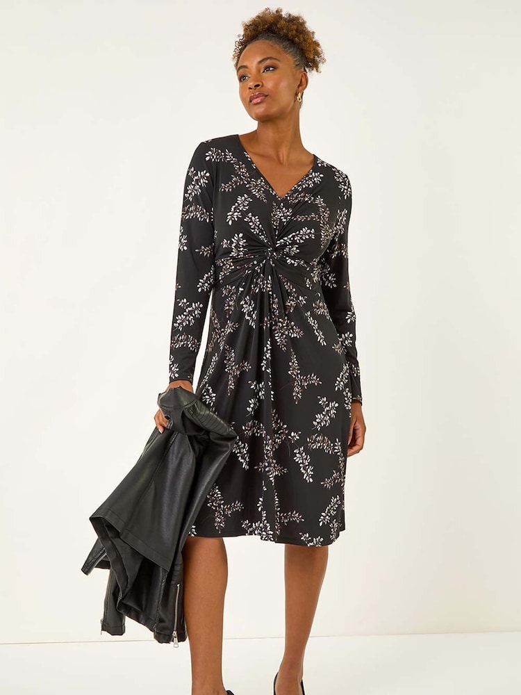 Roman Black Floral Print Twist Front Midi Dress - Image 1 of 5 Roman Black Floral Print Twist Front Midi Dress - Image 1 of 5