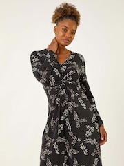 Roman Black Floral Print Twist Front Midi Dress - Image 2 of 5