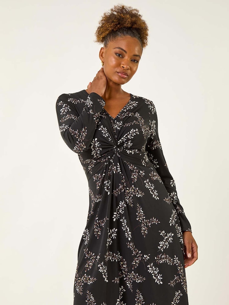 Roman Black Floral Print Twist Front Midi Dress - Image 2 of 5 Roman Black Floral Print Twist Front Midi Dress - Image 2 of 5