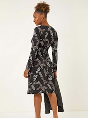 Roman Black Floral Print Twist Front Midi Dress - Image 3 of 5