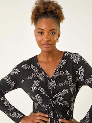 Roman Black Floral Print Twist Front Midi Dress - Image 4 of 5