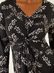 Roman Black Floral Print Twist Front Midi Dress - Image 5 of 5