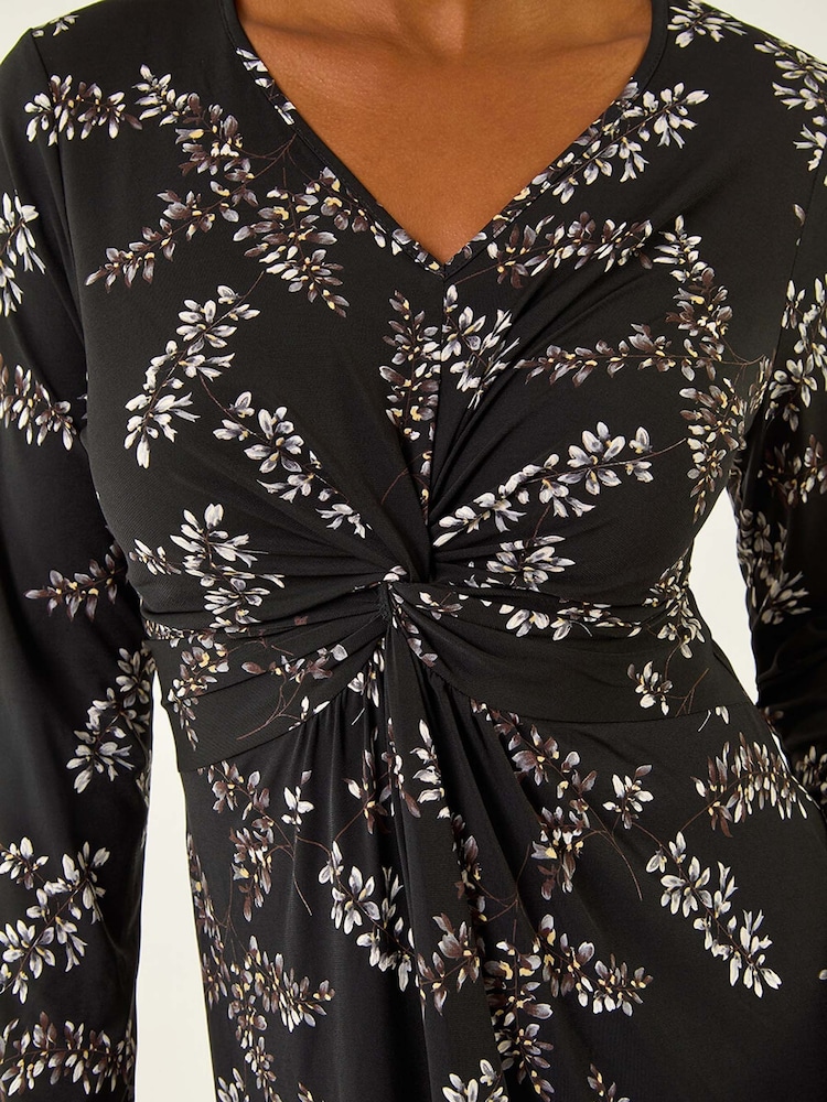 Roman Black Floral Print Twist Front Midi Dress - Image 5 of 5