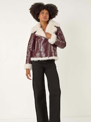 Vermelho - Roman Contrast Leather Aviator Coat - Imagem 2 de 5