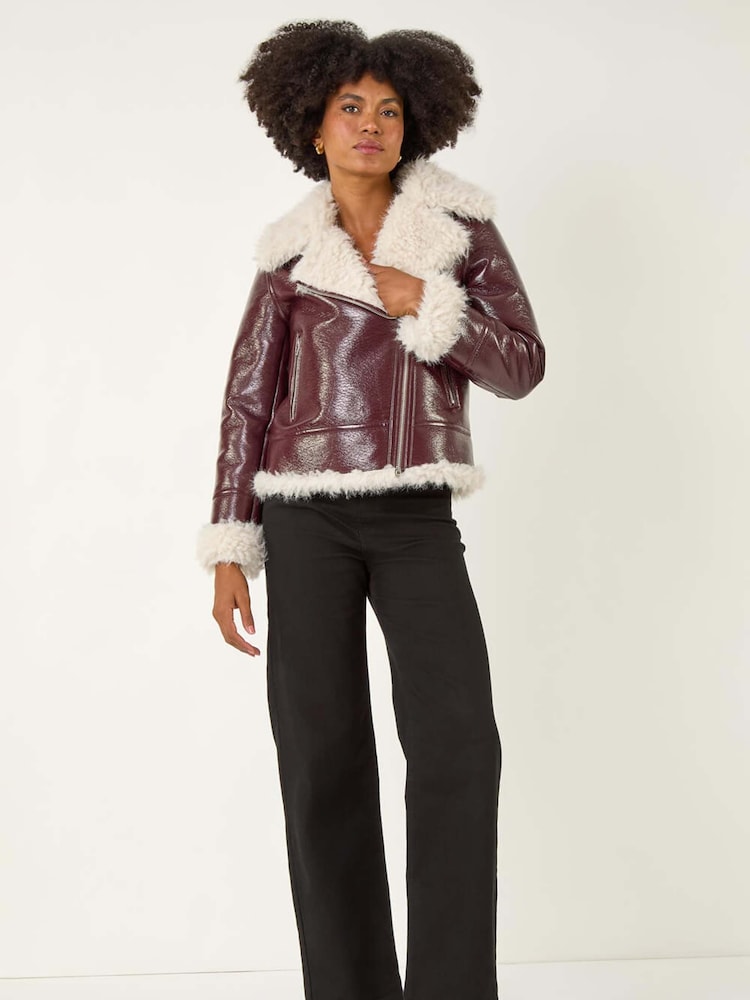 Vermelho - Roman Contrast Leather Aviator Coat - Imagem 2 de 5