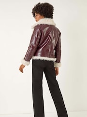 Vermelho - Roman Contrast Leather Aviator Coat - Imagem 3 de 5