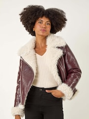 Vermelho - Roman Contrast Leather Aviator Coat - Imagem 4 de 5