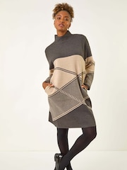 Roman Grey Patchwork Knit Jumper Dress - Image 1 of 5
