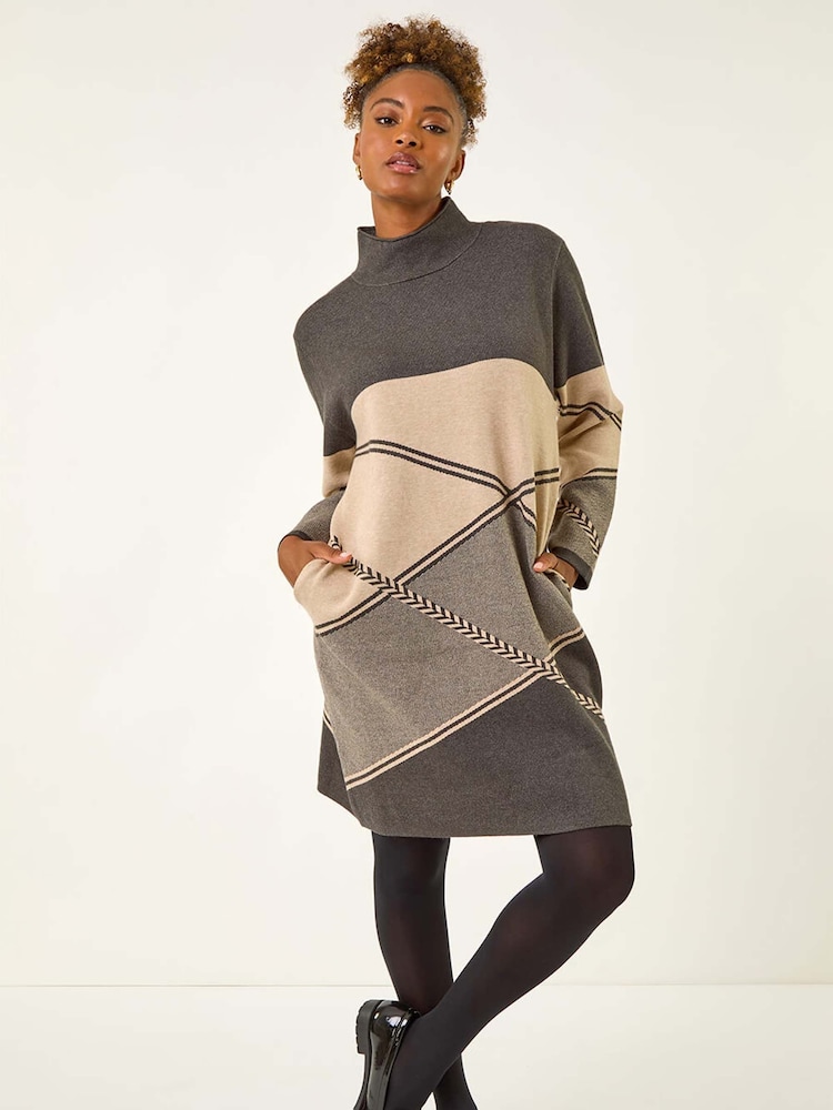 Roman Grey Patchwork Knit Jumper Dress - Image 1 of 5
