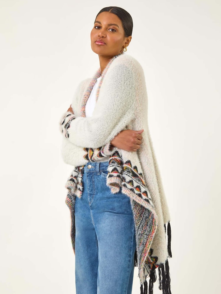 Roman White Fluffy Fringe Poncho - Image 1 of 5 Roman White Fluffy Fringe Poncho - Image 1 of 5