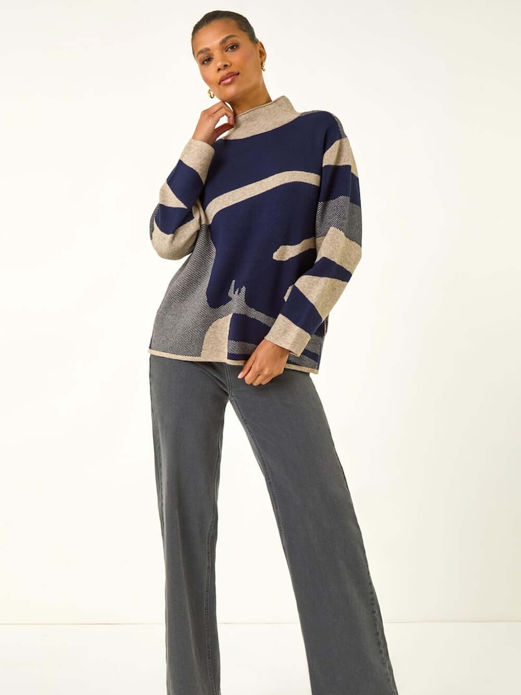 Roman Blue Abstract Knit High Neck Jumper - Image 1 of 5 Roman Blue Abstract Knit High Neck Jumper - Image 1 of 5