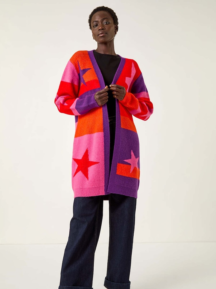 Roman Purple Star Print Longline Stretch Cardigan - Image 2 of 5 Roman Purple Star Print Longline Stretch Cardigan - Image 2 of 5