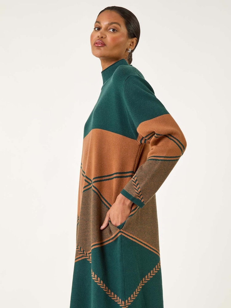 Roman Green Patchwork Knit Jumper Dress - Image 2 of 5 Roman Green Patchwork Knit Jumper Dress - Image 2 of 5