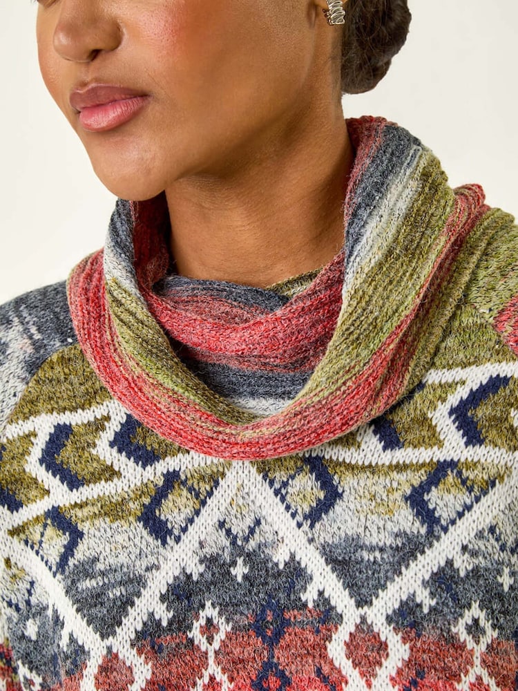 Roman Orange Aztec Print Roll Neck Knit Jumper - Image 1 of 5 Roman Orange Aztec Print Roll Neck Knit Jumper - Image 1 of 5