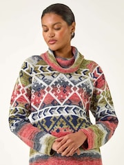 Roman Orange Aztec Print Roll Neck Knit Jumper - Image 2 of 5