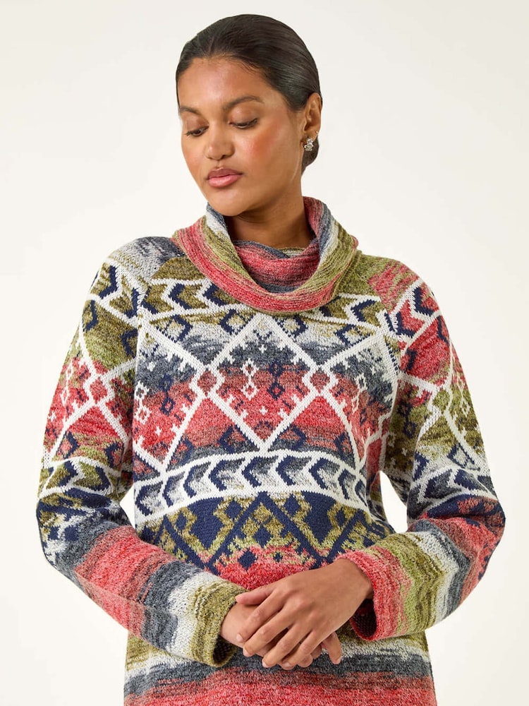 Roman Orange Aztec Print Roll Neck Knit Jumper - Image 2 of 5 Roman Orange Aztec Print Roll Neck Knit Jumper - Image 2 of 5