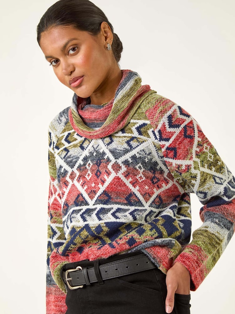 Roman Orange Aztec Print Roll Neck Knit Jumper - Image 5 of 5 Roman Orange Aztec Print Roll Neck Knit Jumper - Image 5 of 5
