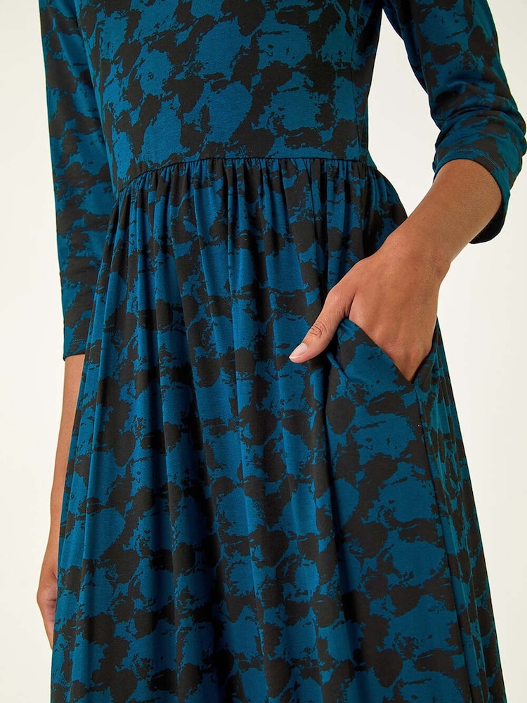 Roman Blue Abstract Print Gathered Stretch Midi Dress - Image 1 of 5 Roman Blue Abstract Print Gathered Stretch Midi Dress - Image 1 of 5
