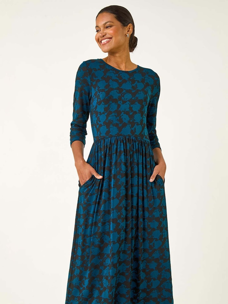 Roman Blue Abstract Print Gathered Stretch Midi Dress - Image 2 of 5 Roman Blue Abstract Print Gathered Stretch Midi Dress - Image 2 of 5