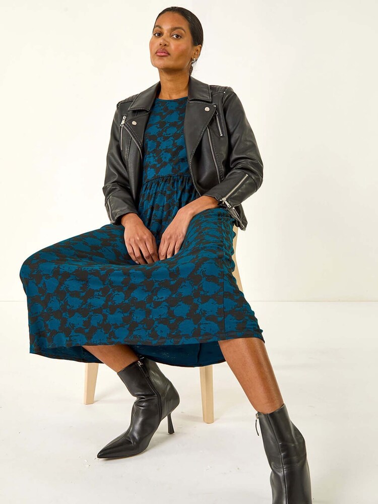 Roman Blue Abstract Print Gathered Stretch Midi Dress - Image 5 of 5 Roman Blue Abstract Print Gathered Stretch Midi Dress - Image 5 of 5