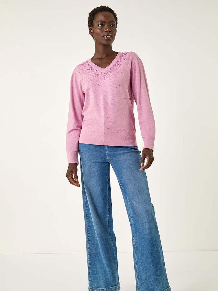 Roman Pink Heart Hotfix V-Neck Knit Jumper - Image 1 of 5 Roman Pink Heart Hotfix V-Neck Knit Jumper - Image 1 of 5