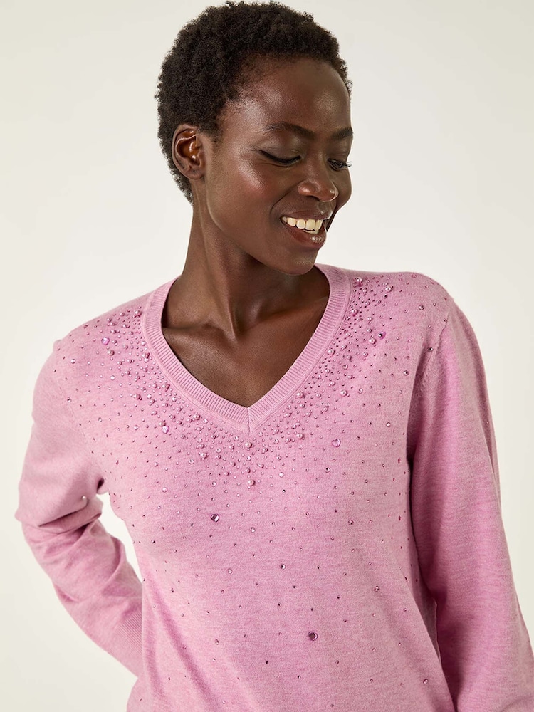 Roman Pink Heart Hotfix V-Neck Knit Jumper - Image 2 of 5 Roman Pink Heart Hotfix V-Neck Knit Jumper - Image 2 of 5