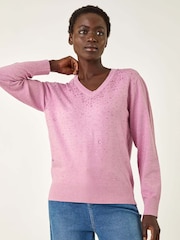 Roman Pink Heart Hotfix V-Neck Knit Jumper - Image 4 of 5