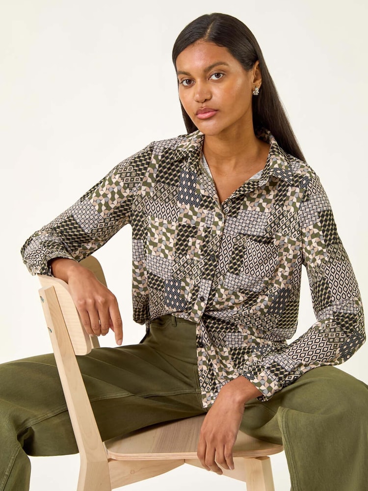 Roman Grey Patchwork Print Stretch Shirts - Image 1 of 5 Roman Grey Patchwork Print Stretch Shirts - Image 1 of 5