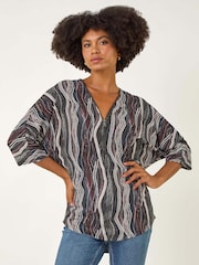 Roman Black Abstract Print Zip Front Stretch Blouse - Image 1 of 5