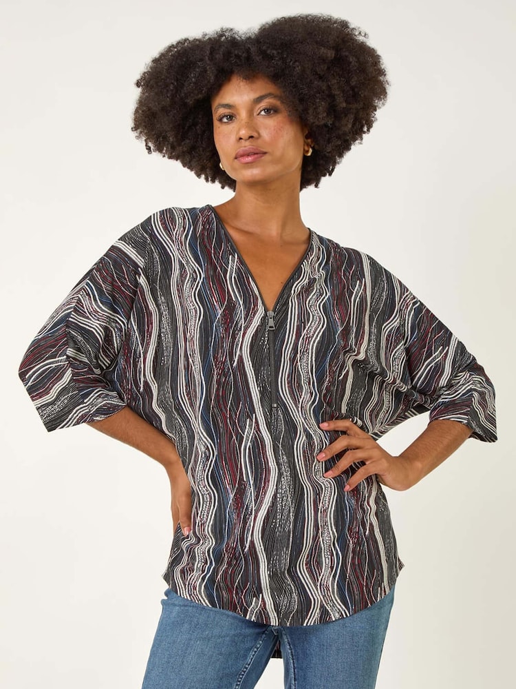 Roman Black Abstract Print Zip Front Stretch Blouse - Image 1 of 5