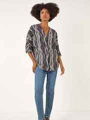 Roman Black Abstract Print Zip Front Stretch Blouse - Image 2 of 5