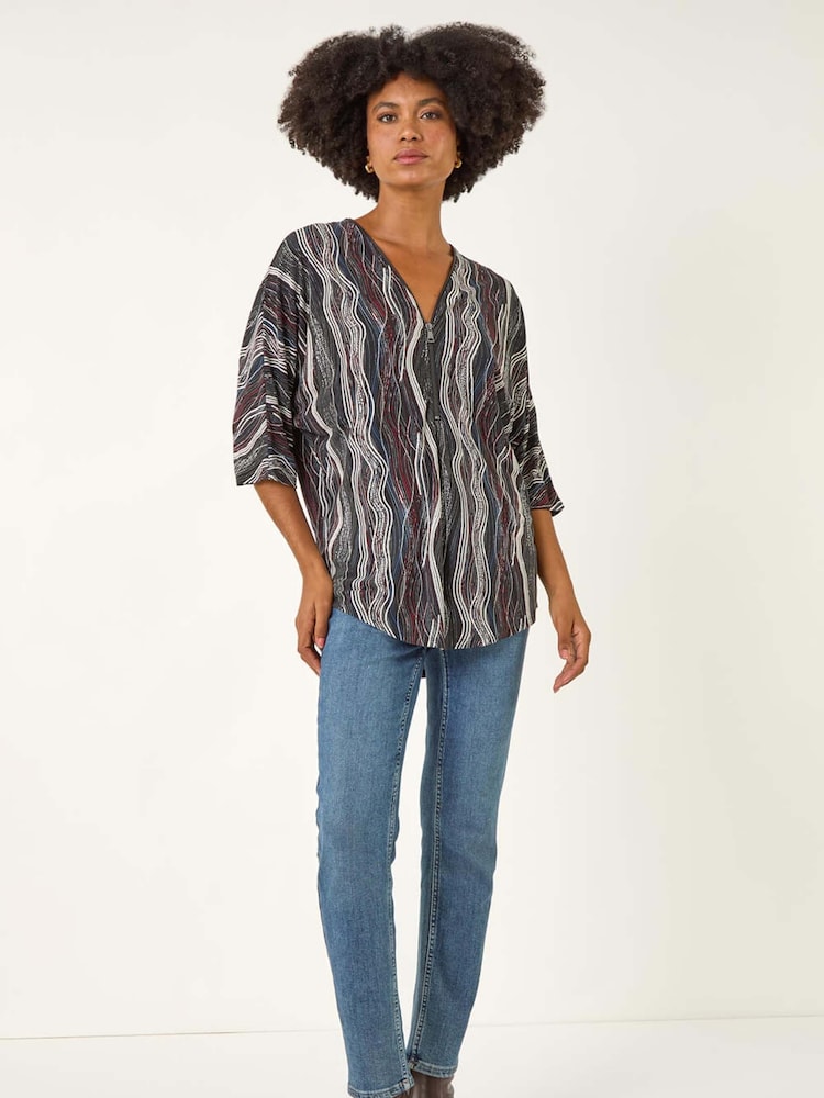 Roman Black Abstract Print Zip Front Stretch Blouse - Image 2 of 5