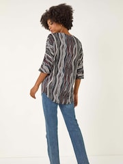 Roman Black Abstract Print Zip Front Stretch Blouse - Image 3 of 5