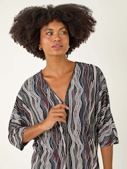 Roman Black Abstract Print Zip Front Stretch Blouse - Image 4 of 5