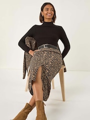 Roman Brown Animal Print Stretch Midi Skirt - Image 1 of 5